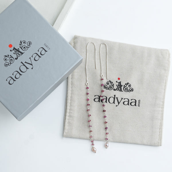 Pink Tourmaline & Rice Pearl Ganthan Sui Dhaga Earrings (Project Handmade)