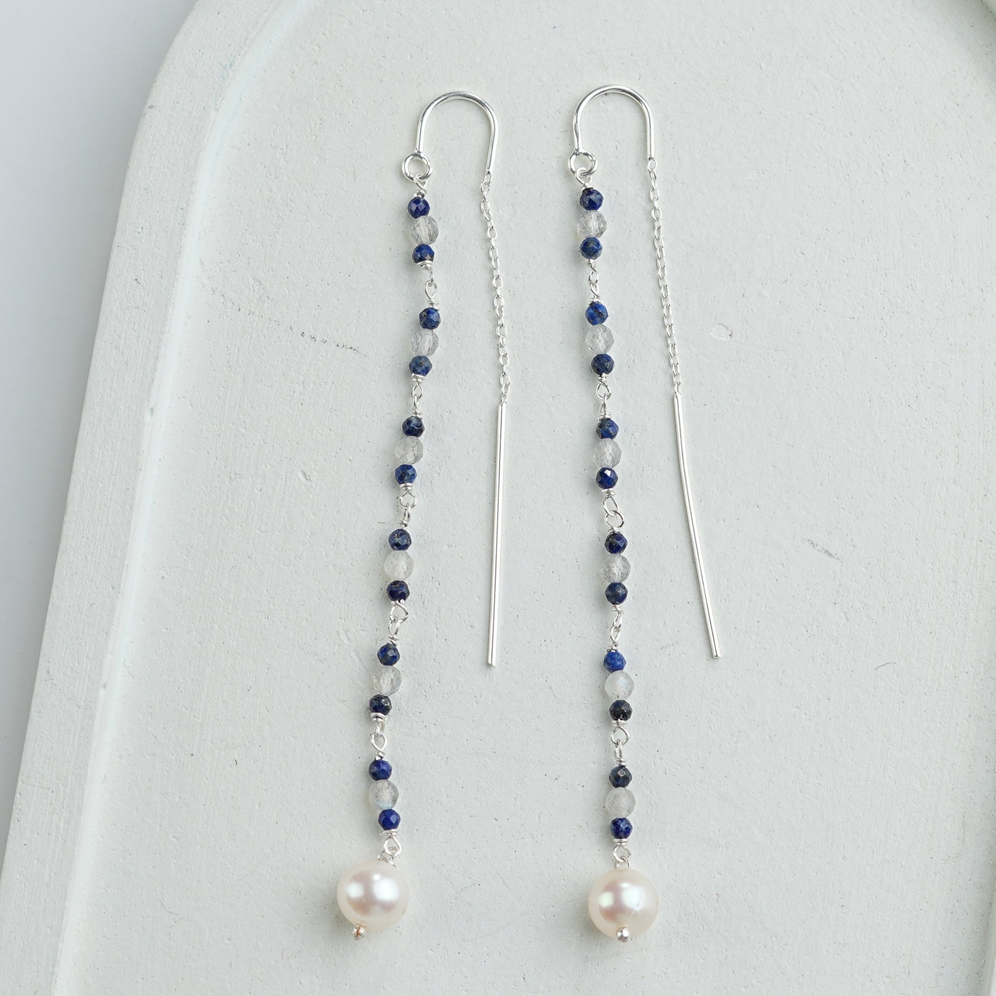 Labradorite, Lapis & Pearl Ganthan Sui Dhaga Earrings (Project Handmade)