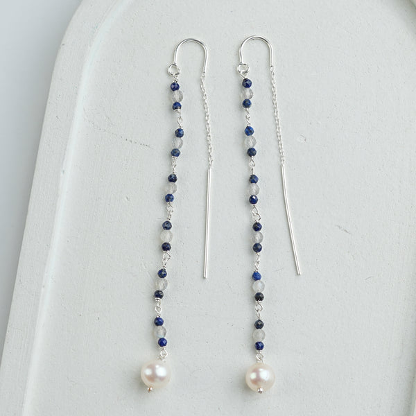 Labradorite, Lapis & Pearl Ganthan Sui Dhaga Earrings (Project Handmade)