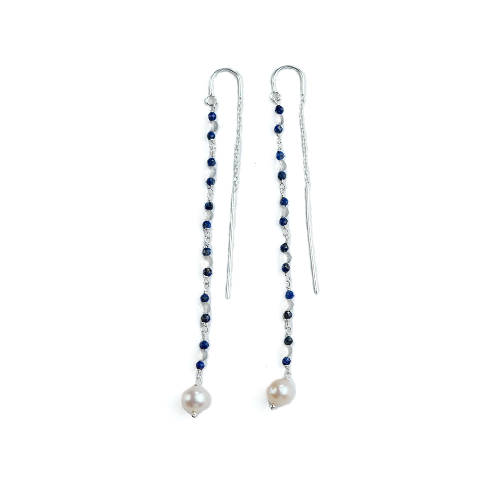 Labradorite, Lapis & Pearl Ganthan Sui Dhaga Earrings (Project Handmade)
