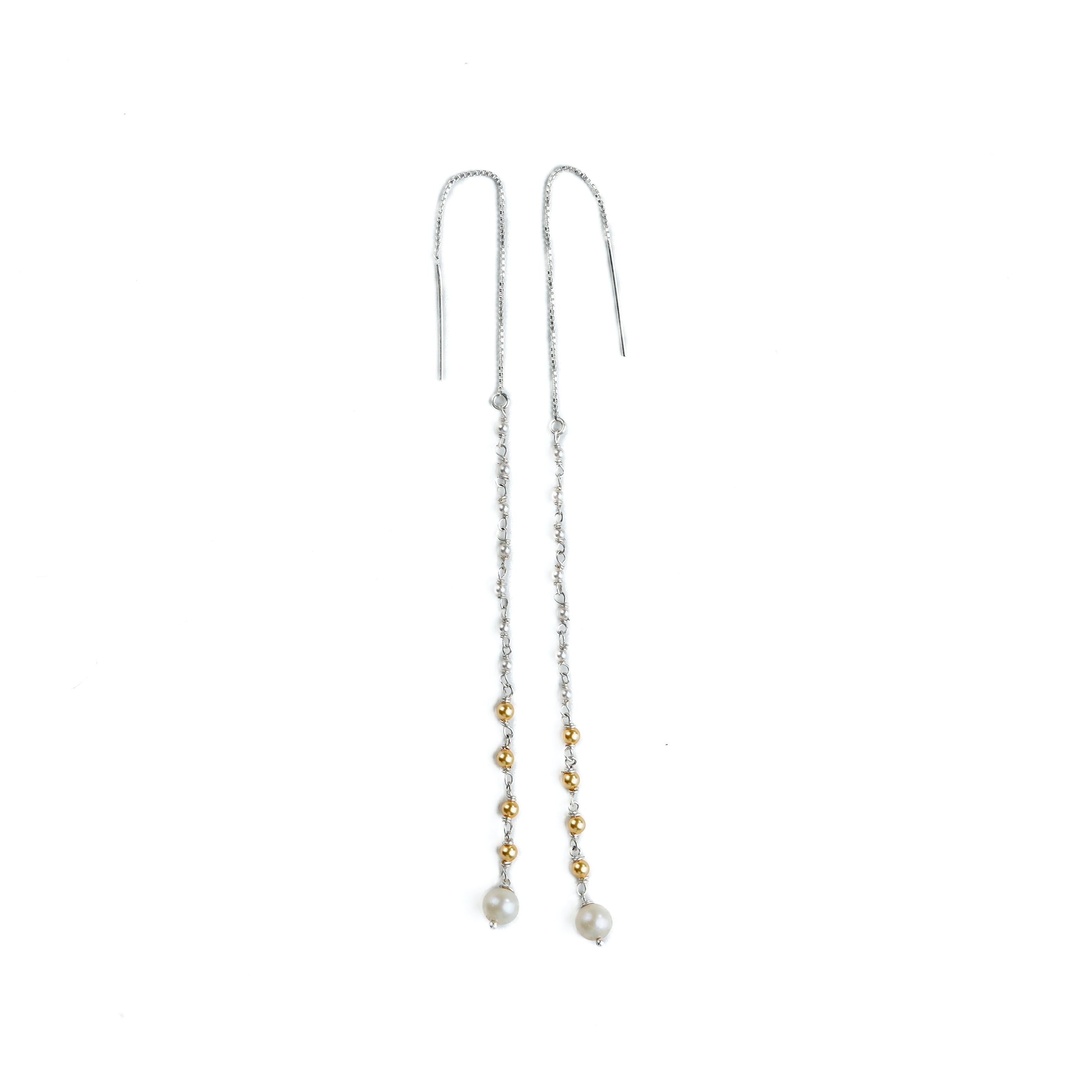Golden & White Pearl Ganthan Sui Dhaga Earrings (Project Handmade)