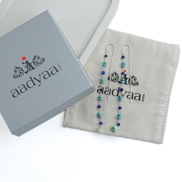 Turquoise, Lapis & Blue Firoza Ganthan Sui Dhaga Earrings (Project Handmade)