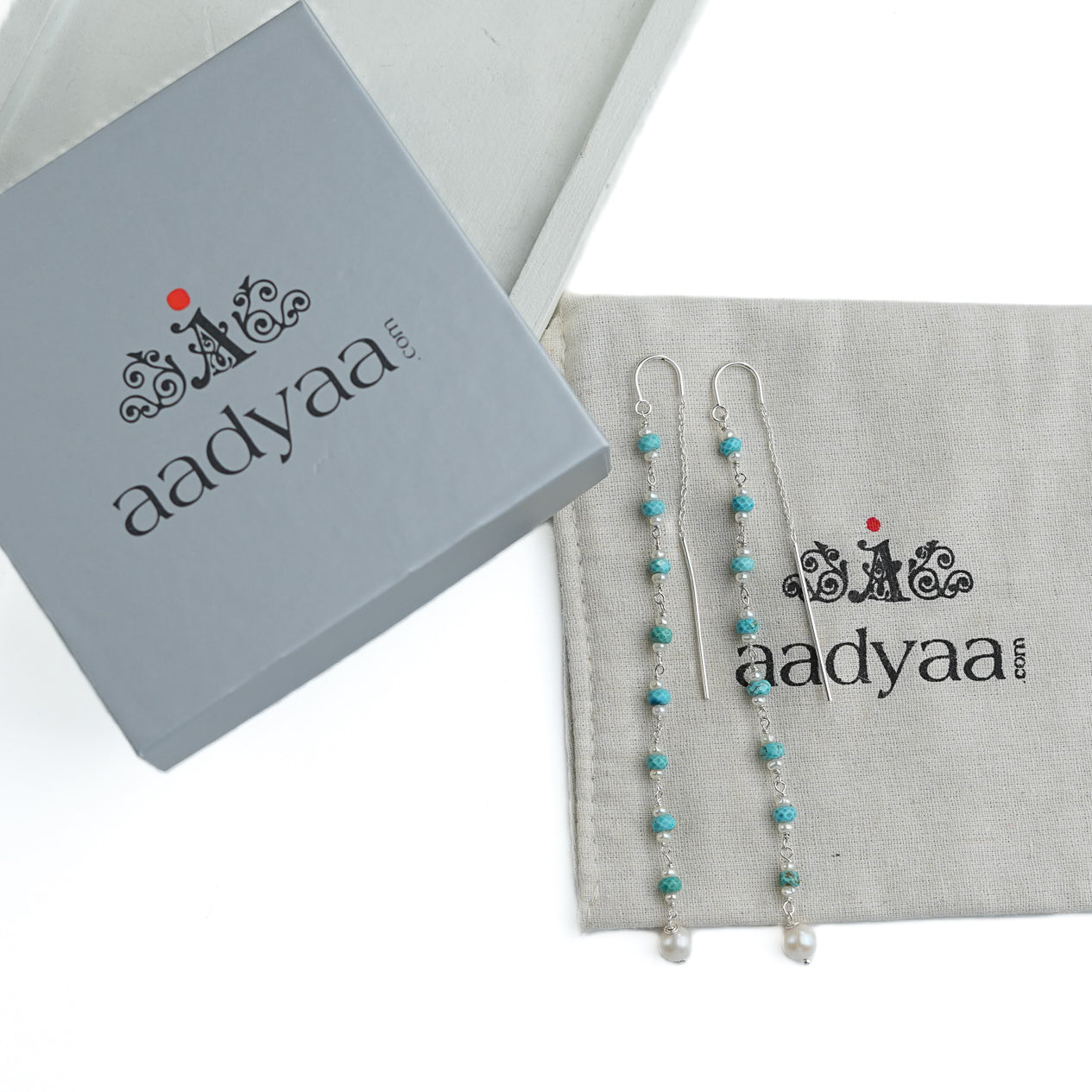Turquoise & Pearl Ganthan Sui Dhaga Earrings (Project Handmade)