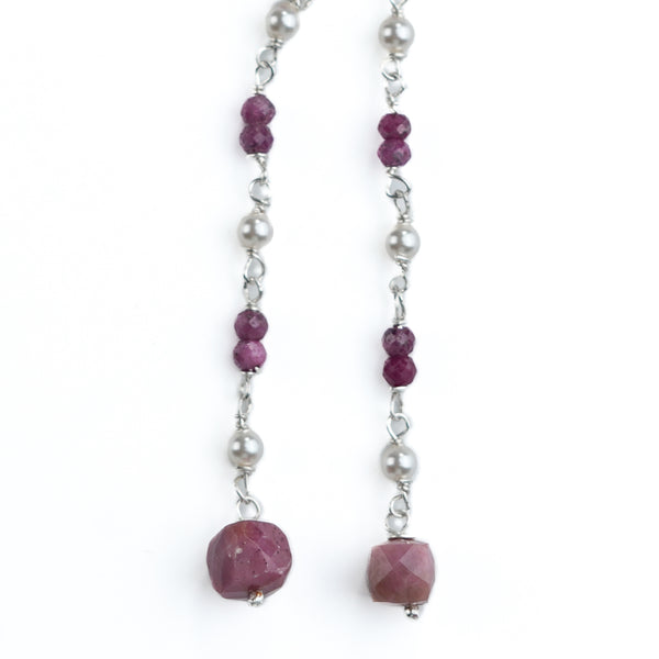 Ruby, Pink Opal, & Pearl Ganthan Sui Dhaga Earrings (Project Handmade)