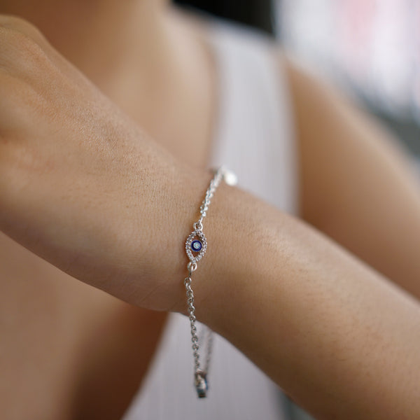 Evil Eye Bracelet in silver on wrist