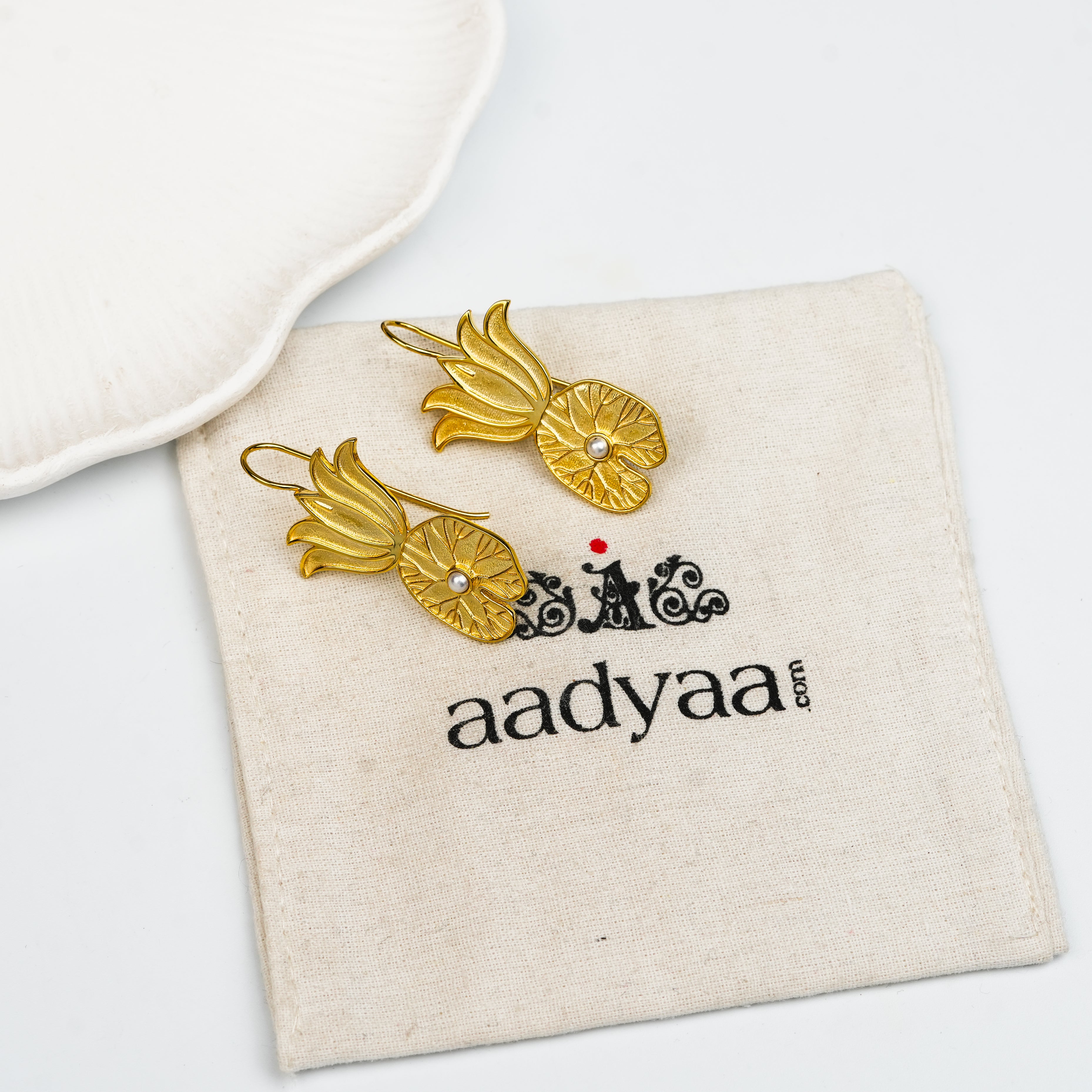 Lotus & Leaf Silver Earrings | 22K Gold-Plated
