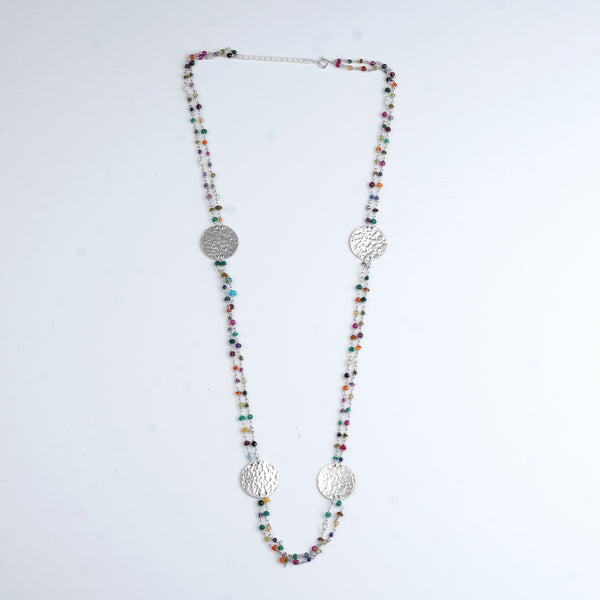 Coin Necklace with Multicolour Semi-Precious Stones – Long