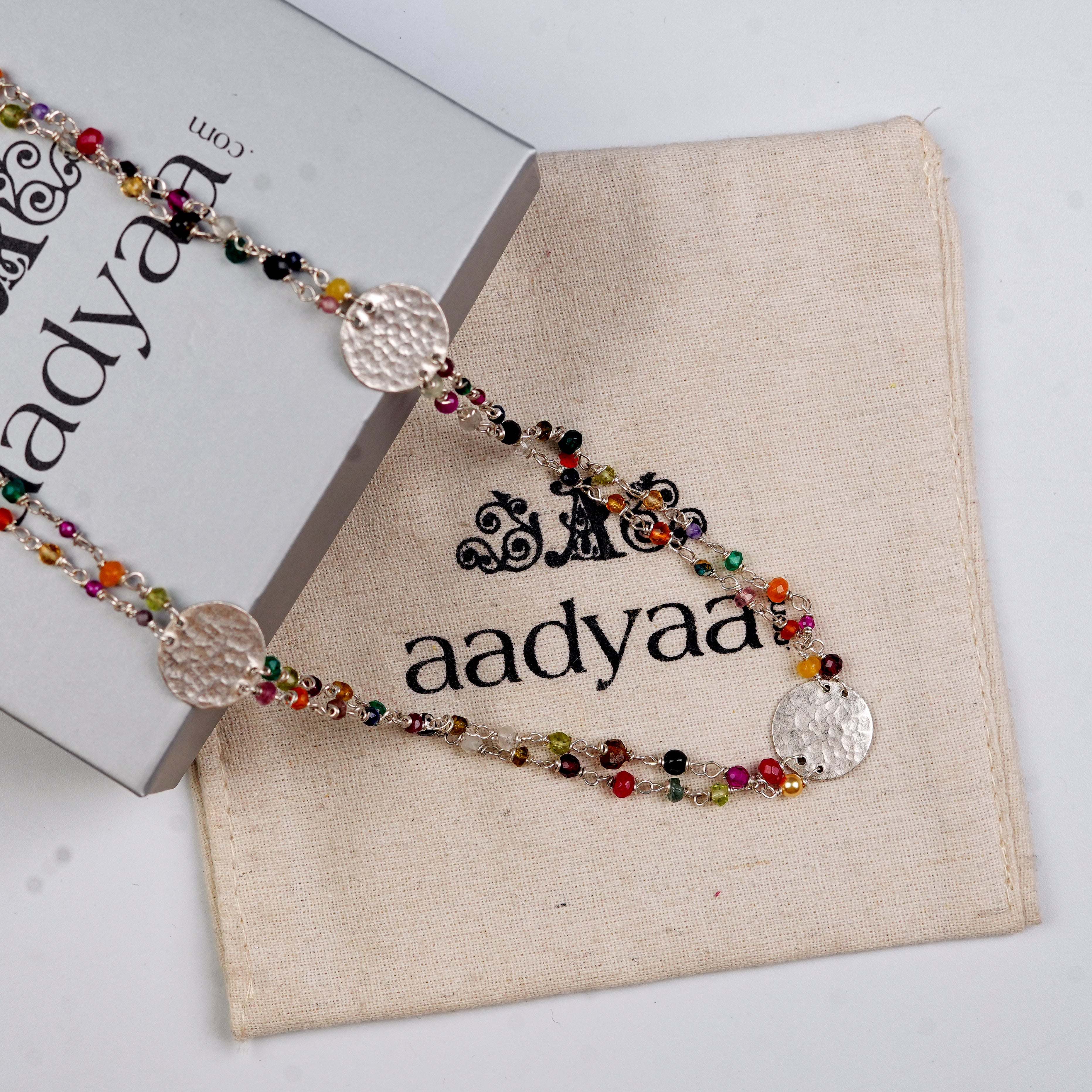 Coin Necklace with Multicolour Semi-Precious Stones – Short