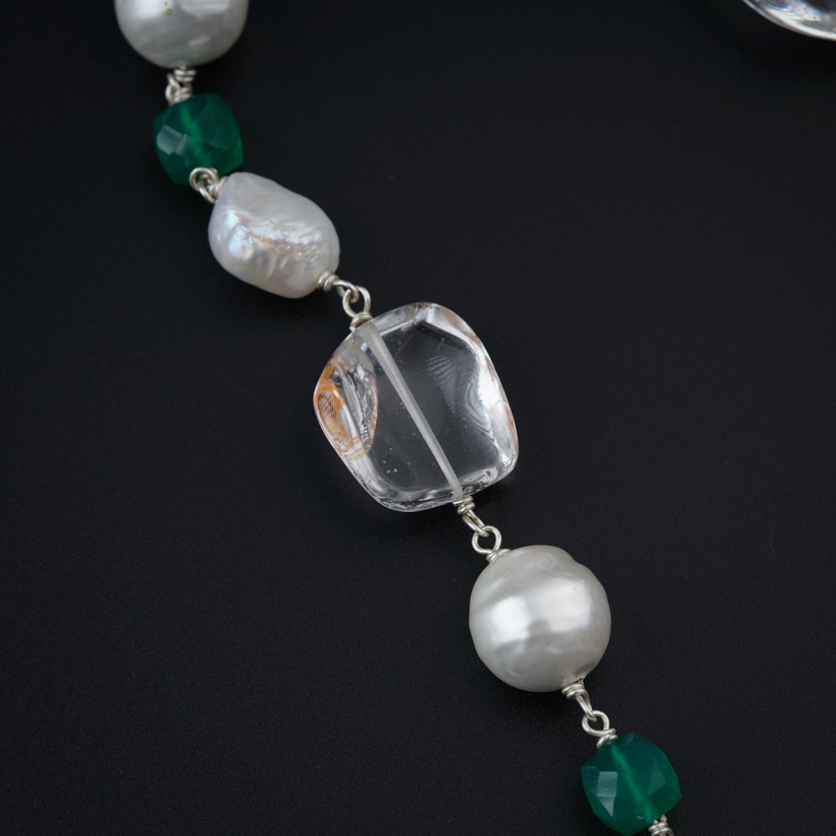 Silver Ganthan with Fresh water Pearls, Corals and Green Onyx Stones