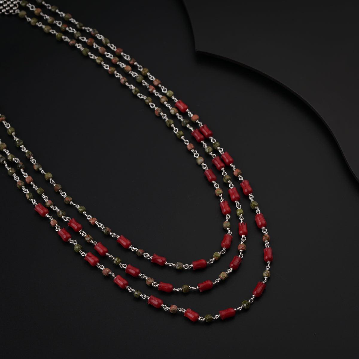 Unakite and Coral Tulips Layered Silver Necklace