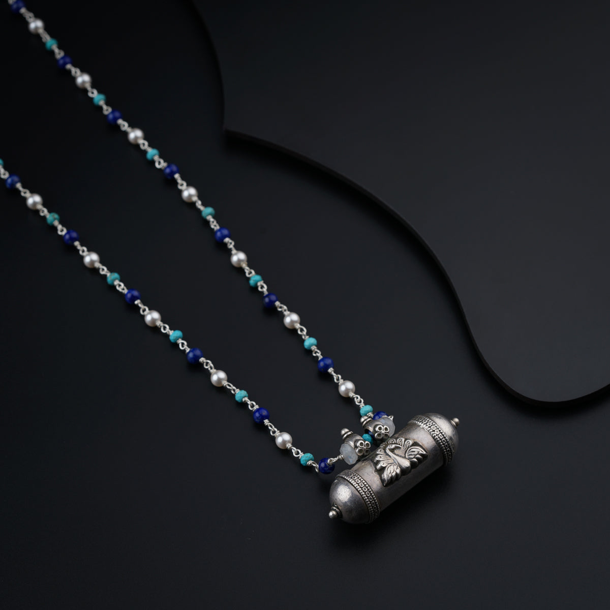 Antique Silver Necklace with Pearls, Lapis and Turquoise beads