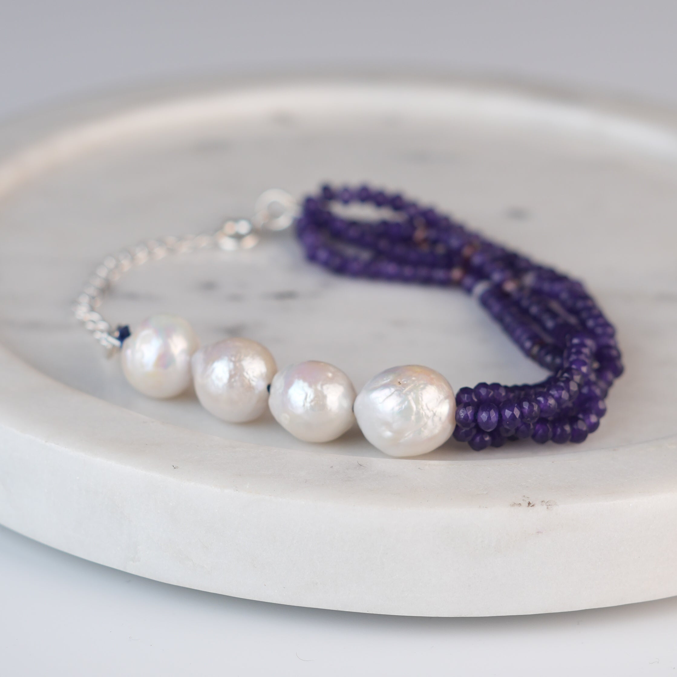Purple Jade & Baroque Pearl Silver Bracelet (Project Handmade)
