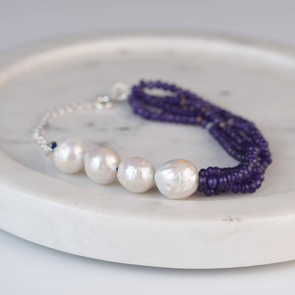 Close-up of Purple Jade & Baroque Pearl Silver Bracelet showcasing natural purple jade, lustrous baroque pearls, and intricate handmade silver craftsmanship
