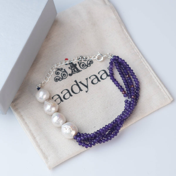 Detailed view of Purple Jade & Baroque Pearl Silver Bracelet highlighting natural purple jade, unique baroque pearls, handcrafted silverwork, and polished finish