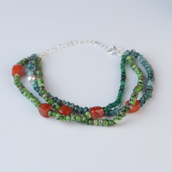 Carnelian, Green Onyx, Green Jade & Blue Jade Silver Bracelet (Project Handmade)