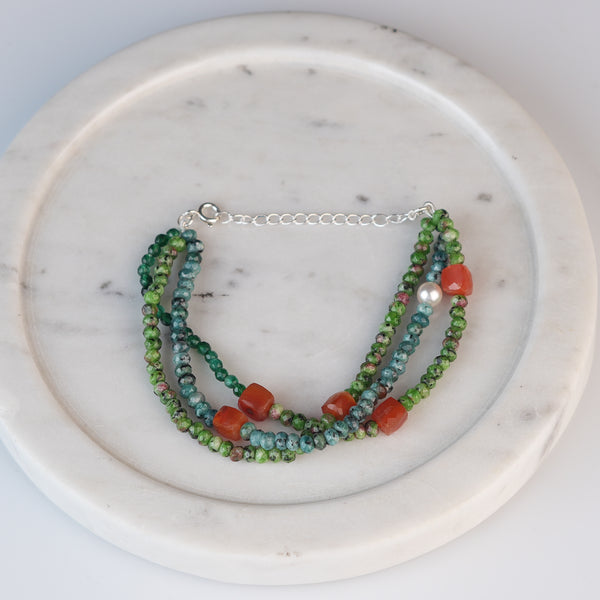 Carnelian, Green Onyx, Green Jade & Blue Jade Silver Bracelet (Project Handmade)