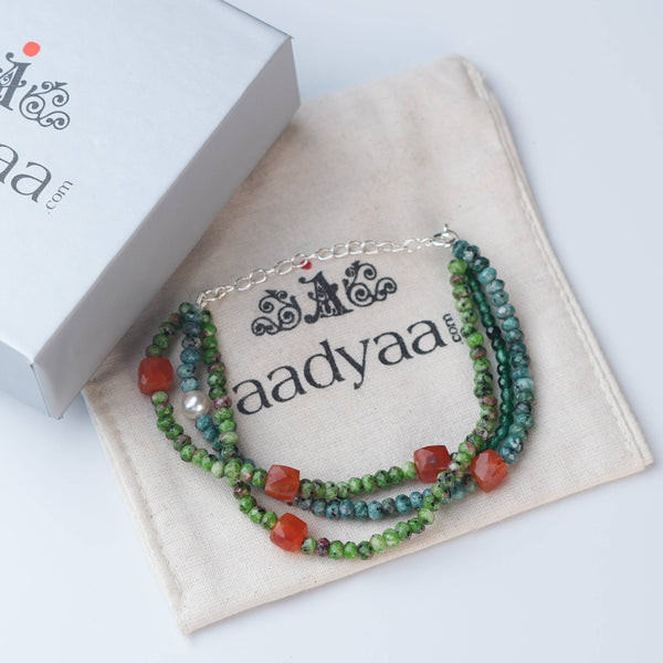 Detailed view of Carnelian, Green Onyx, Green Jade & Blue Jade Silver Bracelet highlighting colourful natural stones, handcrafted silverwork, and polished finish