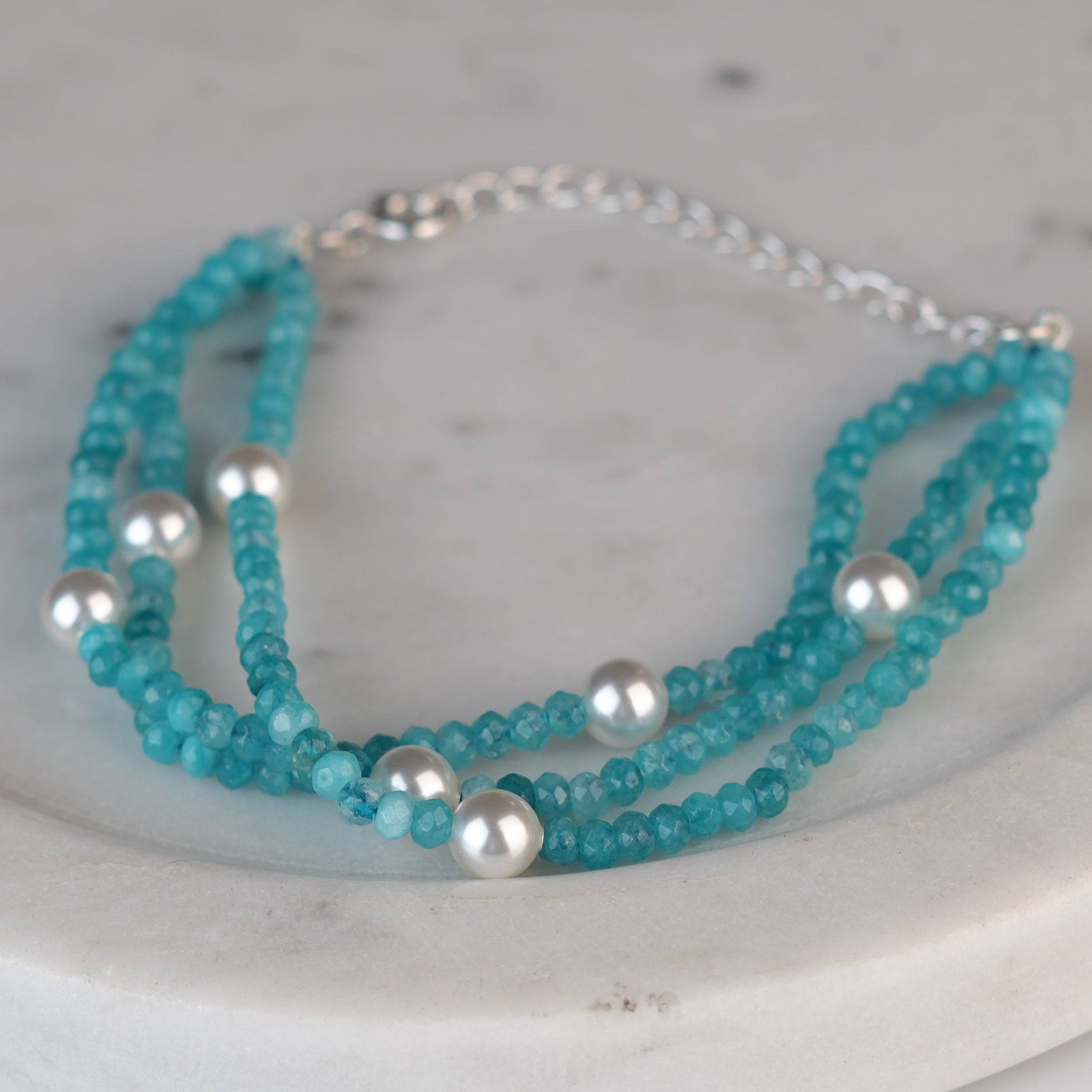 Close-up of Blue Jade & Pearl Silver Bracelet showcasing natural blue jade, lustrous pearls, and intricate handmade silver craftsmanship