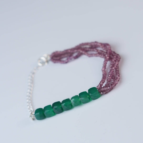Close-up of Green Onyx & Rhodonite Silver Bracelet showcasing natural green onyx, rhodonite stones, and intricate handmade silver craftsmanship