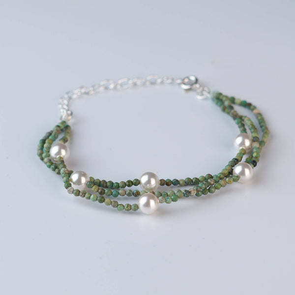 Close-up of Micro Firoza & Pearl Silver Bracelet showcasing delicate firoza stones, lustrous pearls, and intricate handmade silver craftsmanship