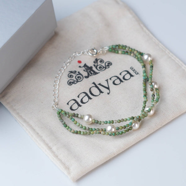 Detailed view of Micro Firoza & Pearl Silver Bracelet highlighting tiny firoza stones, pearl accents, handcrafted silverwork, and polished finish