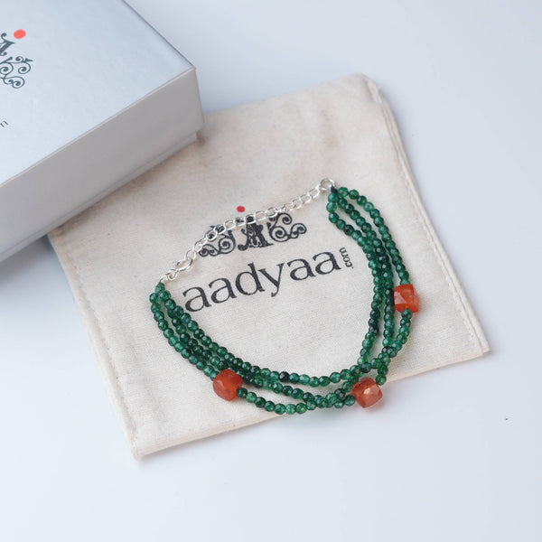 Detailed view of Green Onyx & Carnelian Silver Bracelet highlighting natural green onyx, carnelian stones, handcrafted silver work, and polished finish