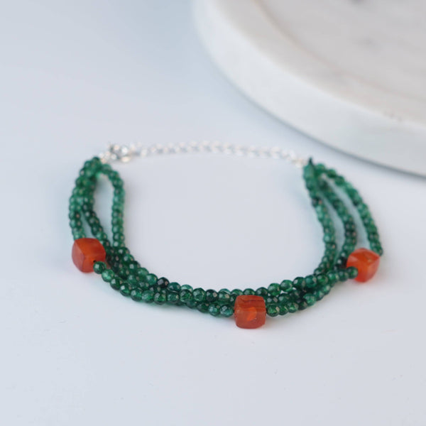 Close-up of Green Onyx & Carnelian Silver Bracelet showcasing natural green onyx, carnelian stones, and intricate handmade silver craftsmanship