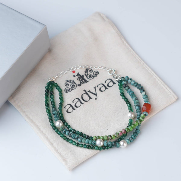 Detailed view of Green Onyx, Pearl, Carnelian Cube, Green & Blue Jade Silver Bracelet highlighting natural gemstones, pearl accents, handcrafted silverwork, and polished finish