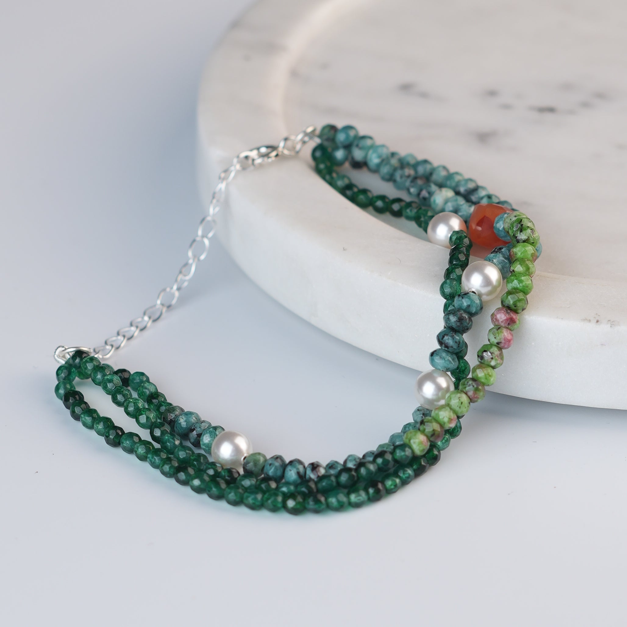 Green Onyx, Pearl, Carnelian Cube, Green & Blue Jade Silver Bracelet (Project Handmade)