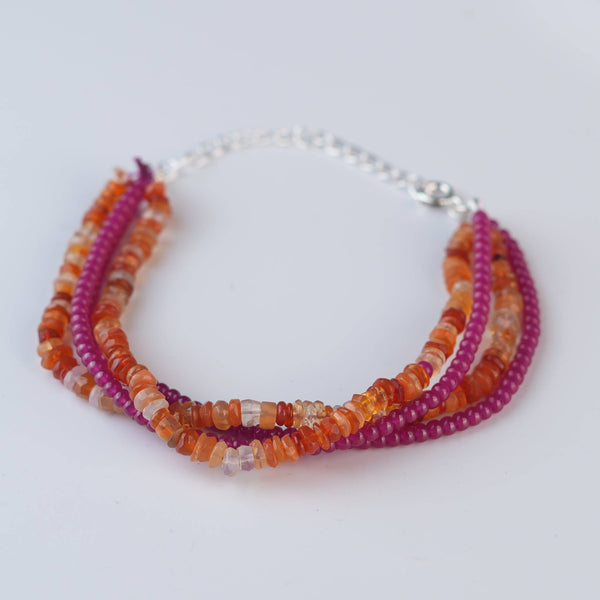 Close-up of Ruby & Carnelian Silver Bracelet showcasing ruby and natural carnelian stones with intricate handmade silver craftsmanship