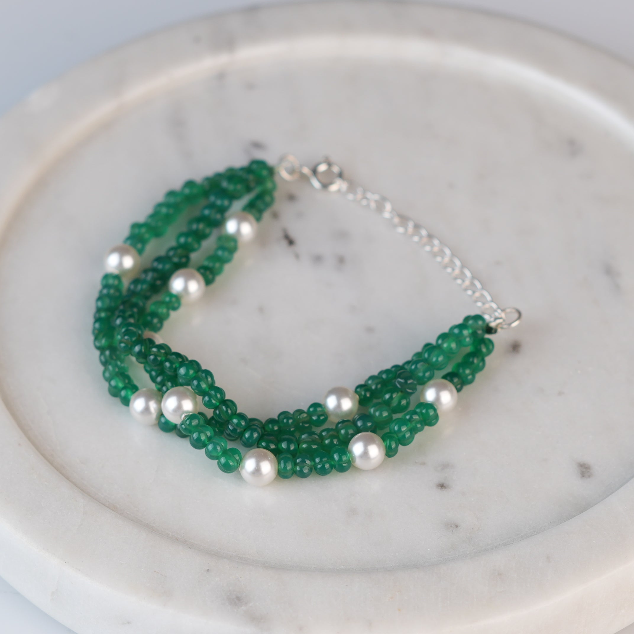 Green Onyx & Pearl Silver Bracelet (Project Handmade)