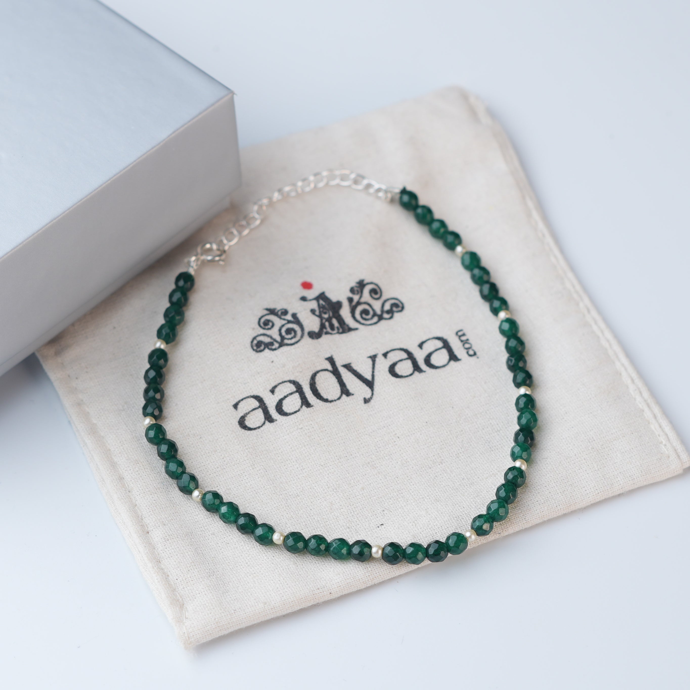 Green Onyx & Pearl Silver Anklet (Project Handmade)