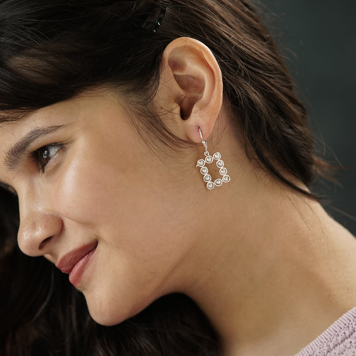 Pearls Studded Rectangle Silver Earring | 92.5 Silver