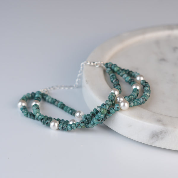 Blue Jade & Pearl Silver Bracelet (Project Handmade)
