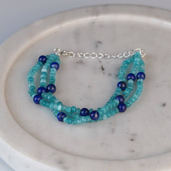 Close-up of Blue Jade & Lapis Lazuli Silver Bracelet showcasing natural blue jade, lapis lazuli stones, and intricate handmade silver craftsmanship