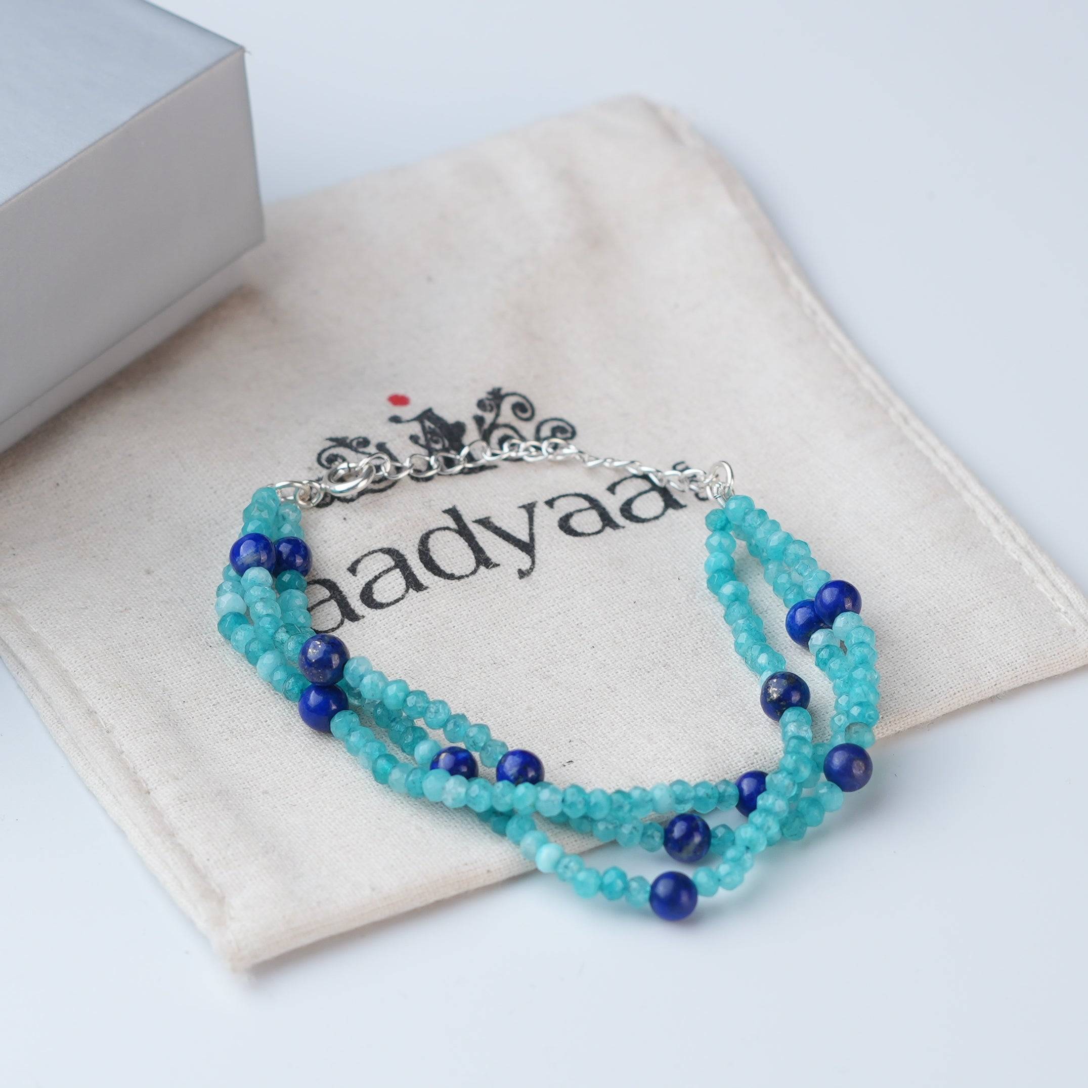 Detailed view of Blue Jade & Lapis Lazuli Silver Bracelet highlighting natural blue jade, lapis lazuli, handcrafted silverwork, and polished finish