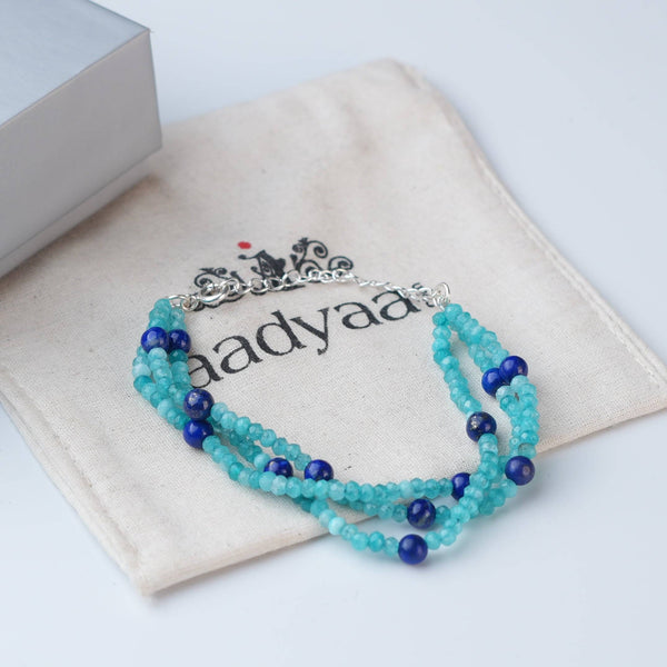 Detailed view of Blue Jade & Lapis Lazuli Silver Bracelet highlighting natural blue jade, lapis lazuli, handcrafted silverwork, and polished finish