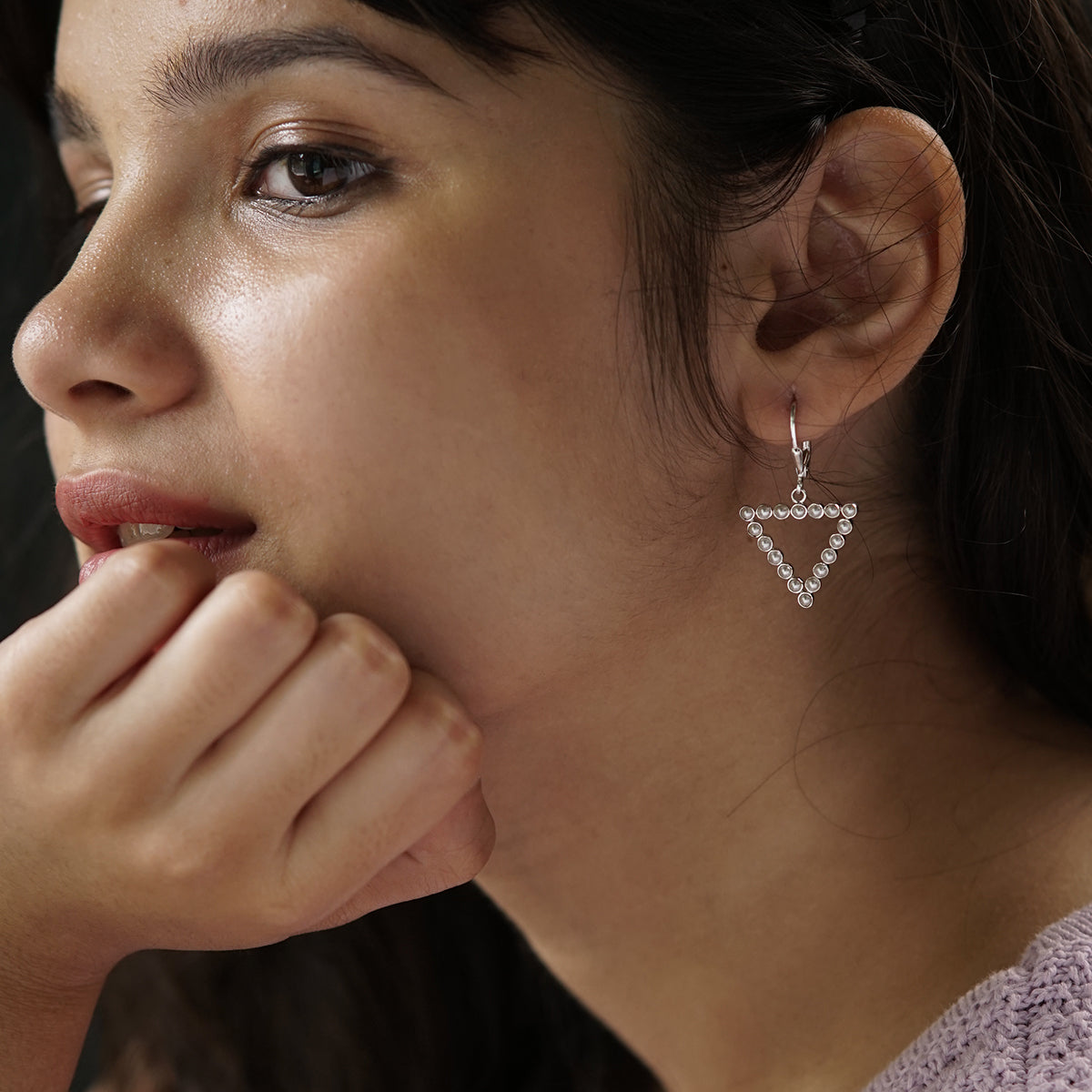 Pearls Studded Triangle Silver Earring | 92.5 Silver