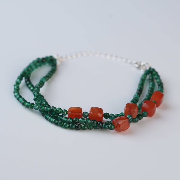 Close-up of Green Onyx & Carnelian Silver Bracelet showcasing natural green onyx, carnelian stones, and intricate handmade silver craftsmanship