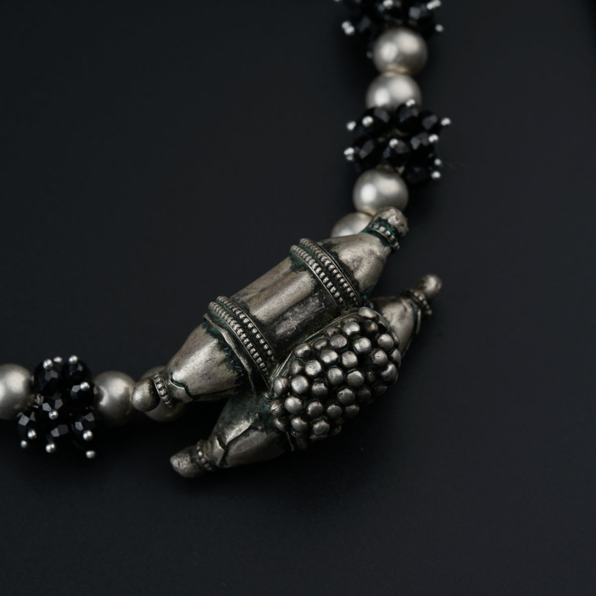 Antique Silver Choker with Black Spinel bunches and Silver Beads
