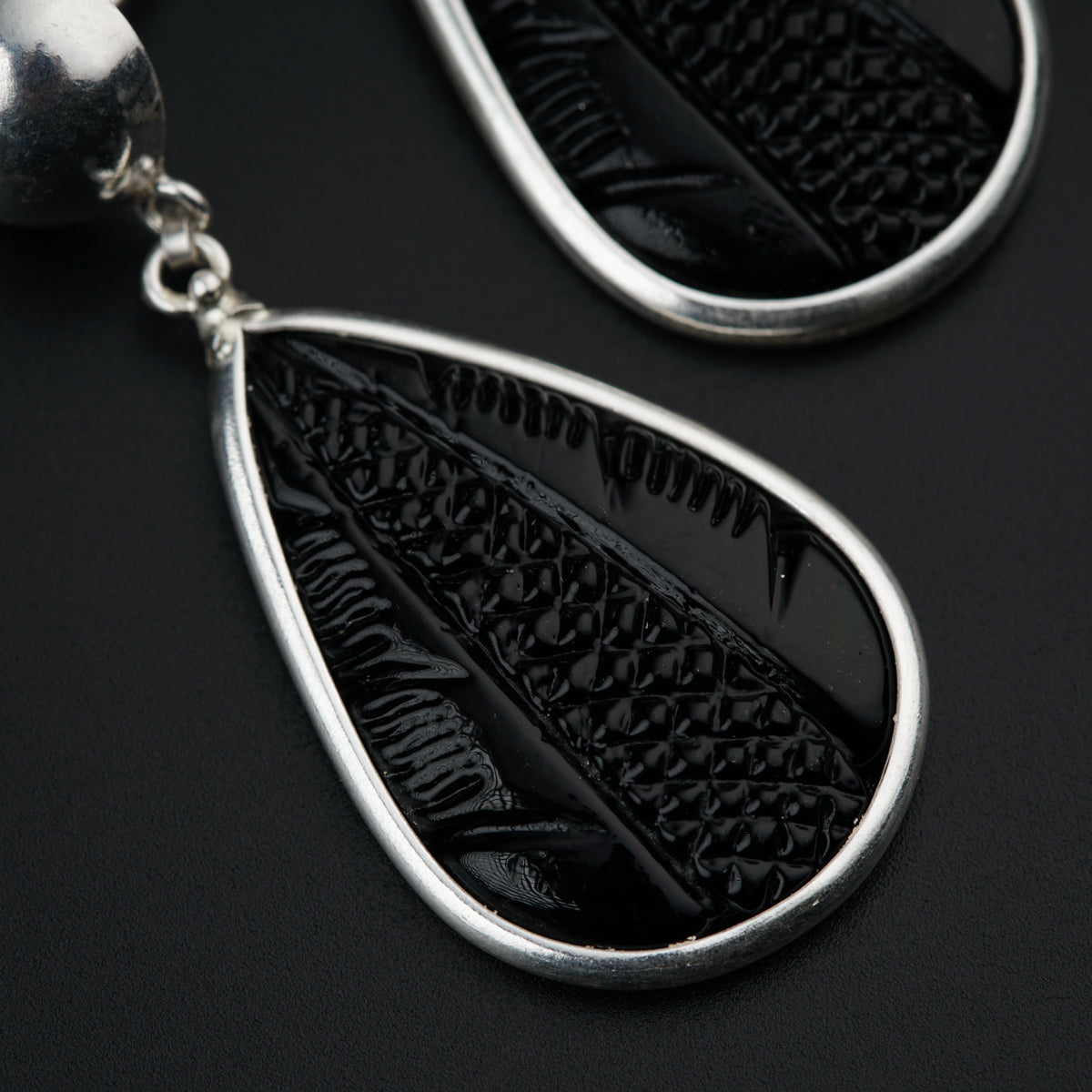 Handmade Silver Drop shaped Earrings-Black