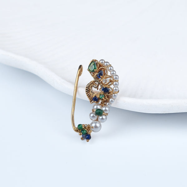 Silver Handmade Peacock Nath (Left, Clip-On) | 22K Gold-Plated