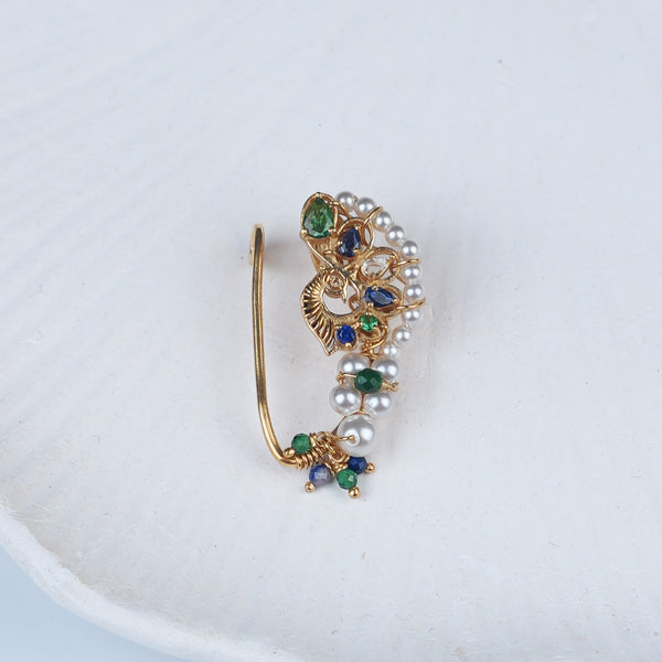 Silver Handmade Peacock Nath (Left, Clip-On) | 22K Gold-Plated