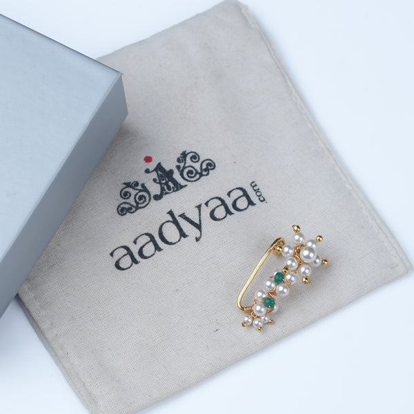 Silver Handmade Maharashtrian Pearl Nath (Left, Clip-On) | 22K Gold-Plated