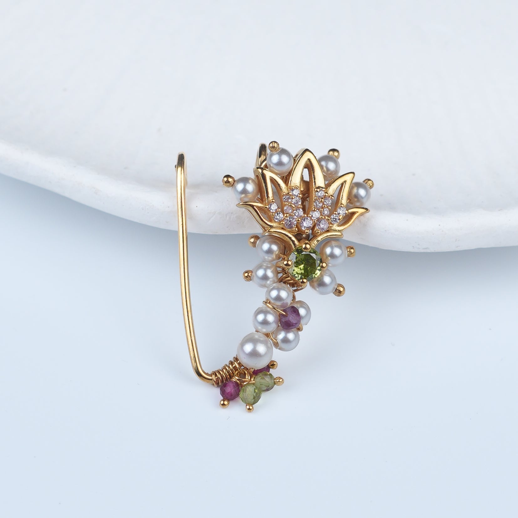 Silver Handmade Lotus Nath (Left, Clip-On) | 22K Gold-Plated