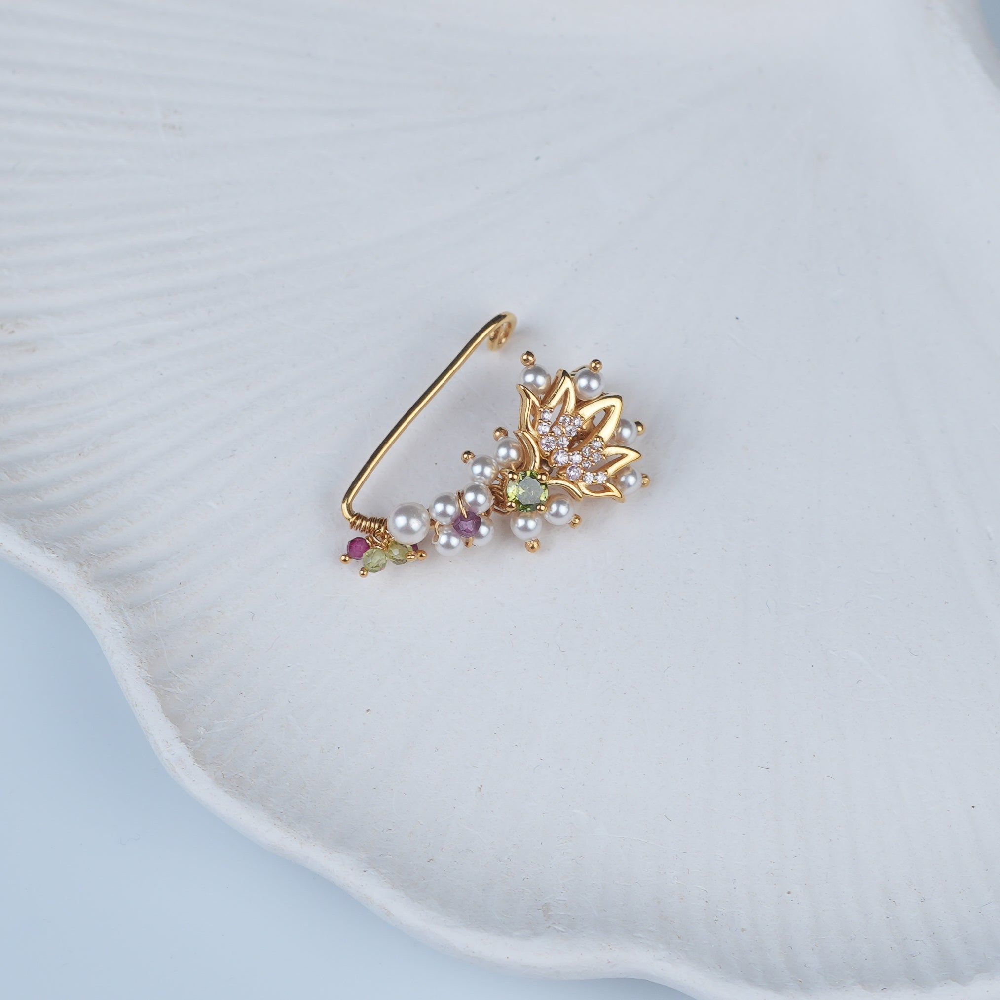 Silver Handmade Lotus Nath (Left, Clip-On) | 22K Gold-Plated