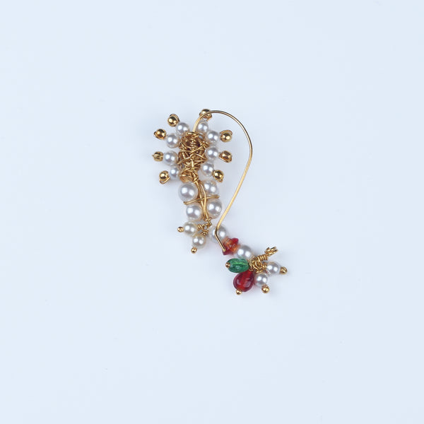 Silver Handmade Maharashtrian Pearl Nath (Left, Pierced) | 22K Gold-Plated