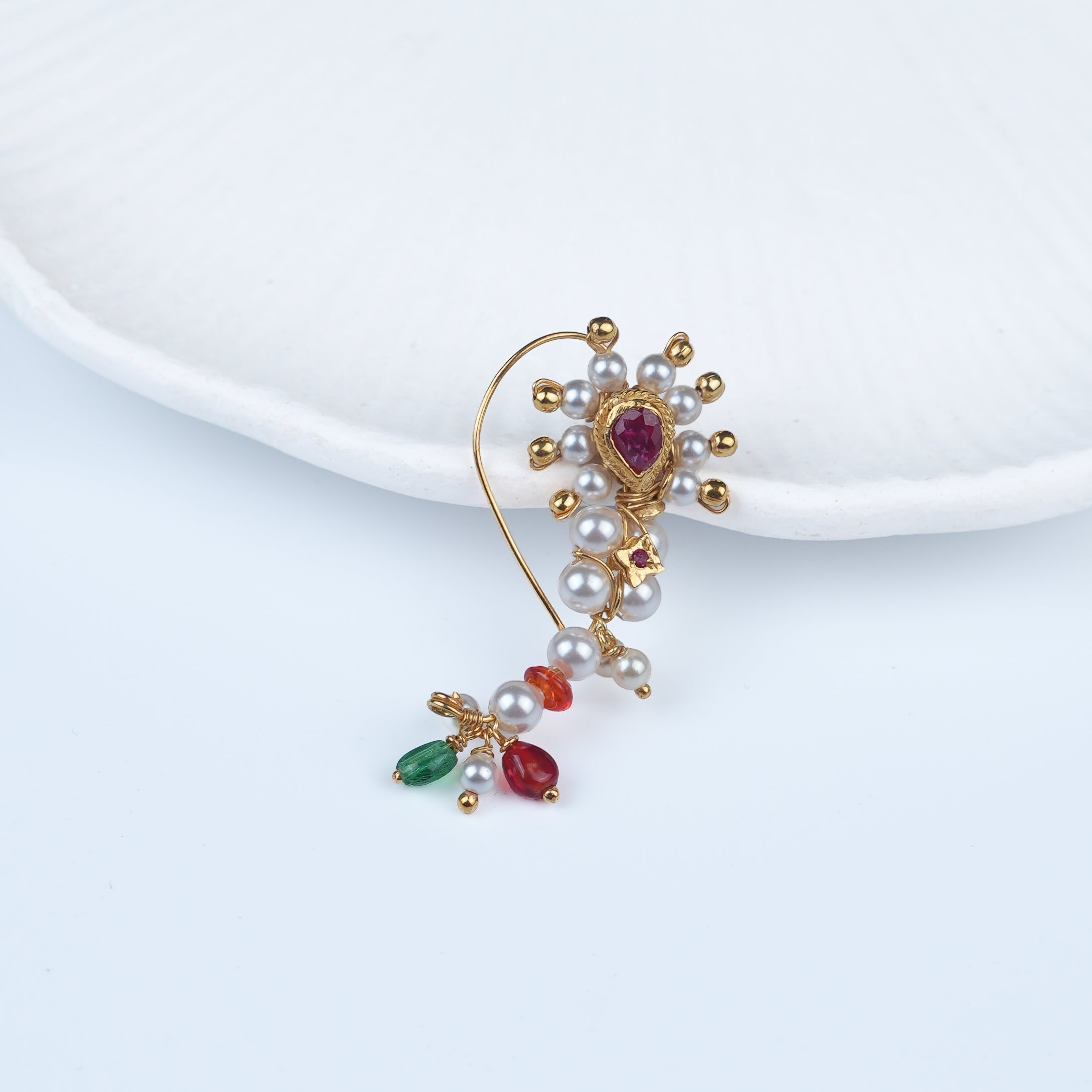 Silver Handmade Maharashtrian Pearl Nath (Left, Pierced) | 22K Gold-Plated