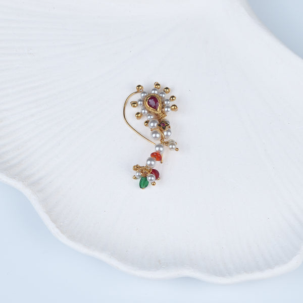 Silver Handmade Maharashtrian Pearl Nath (Left, Pierced) | 22K Gold-Plated