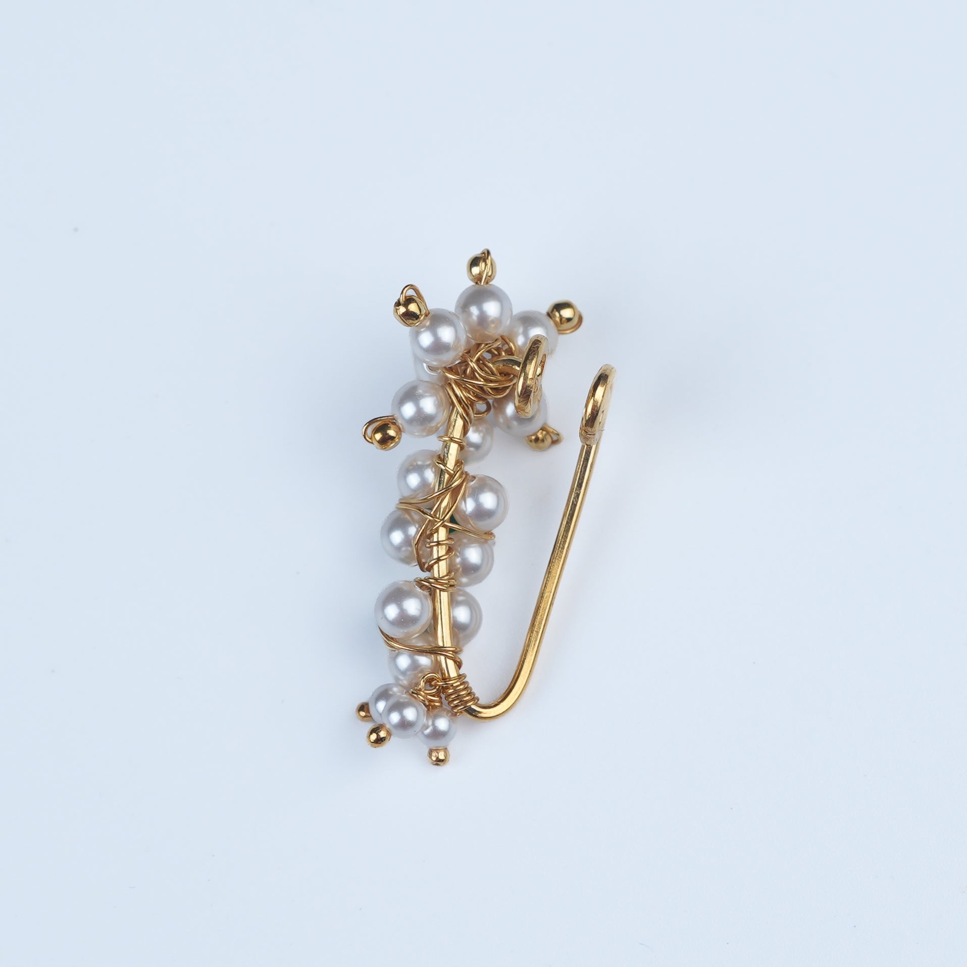 Silver Handmade Maharashtrian Pearl Nath (Left, Clip-On) | 22K Gold-Plated